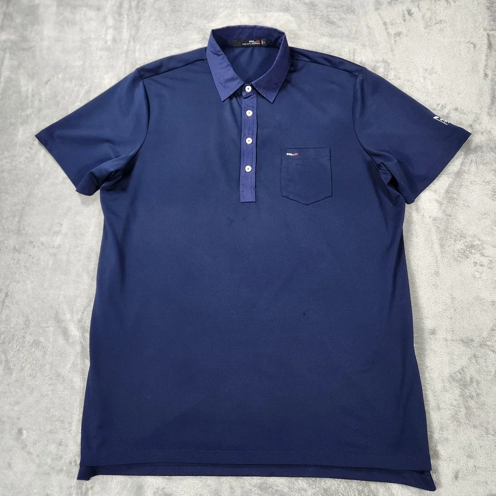 RLX Ralph Lauren Polo Shirt Mens Large Navy Blue Golf Performance Pocket Logo